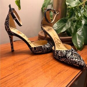 Sam Edelman Black & Silver Brocade Ankle-Strap Pointed Heels